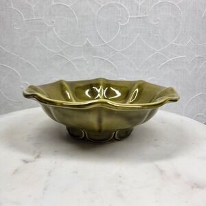 Vintage McCoy Pottery Bowl Green Ceramic Pedestal Scalloped USA Cottagecore MCM